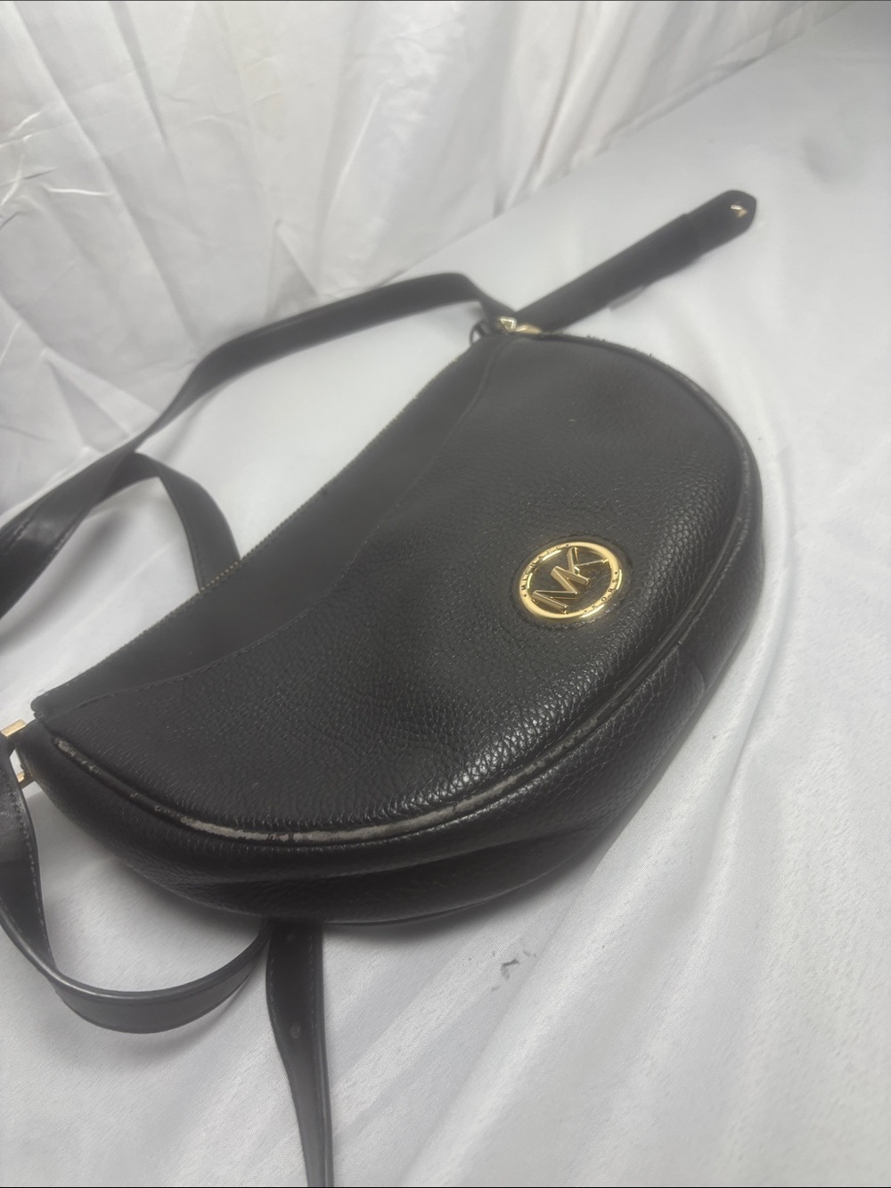 Michael Kors Black Pebbled Leather Crescent Crossbody with Gold MK Logo